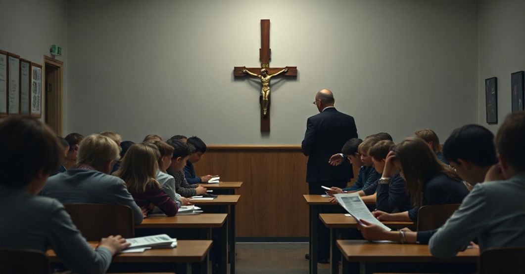 Urzędniczka z Krakowa rozdaje materiały propagandowe LGBT+ w szkole katolickiej, z Jolantą Gontarczyk w tle - symbolizujące deprawację finansowaną przez państwo