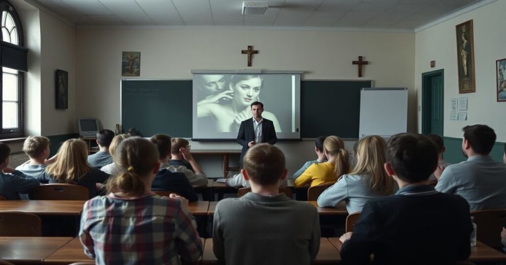 Grupa nastolatków w szkole w Schleife (Saksonia) podczas prezentacji pornografii homoseksualnej przez aktywistów LGBT.