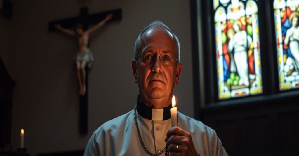 Ksiądz Tomasz Trzaska w konfesjonału z różańcem w ręku, ciemna atmosfera kościoła z witrażami przedstawiającymi cierpienie i odkupienie