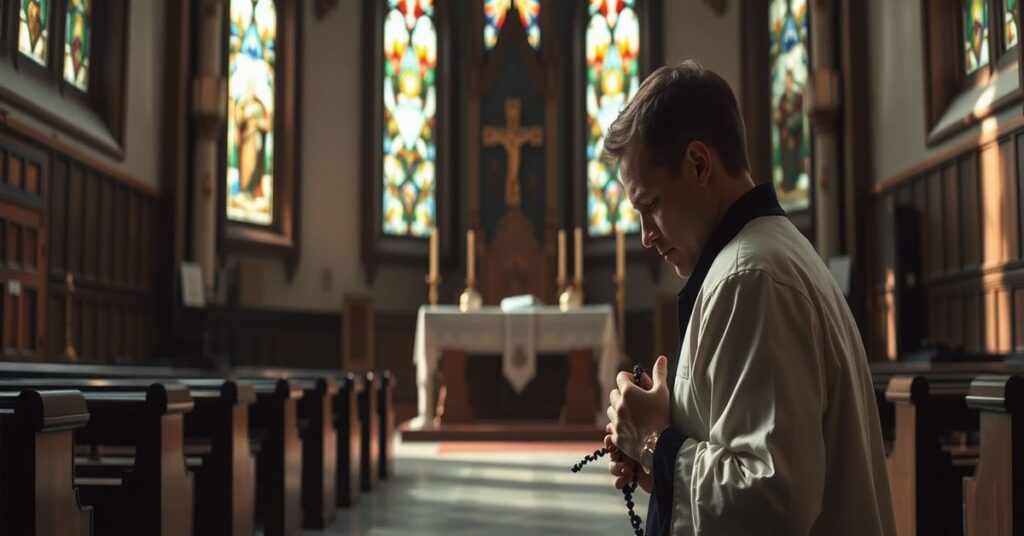 Osoba w modlitwie w tradycyjnym kościele katolickim, otoczona sakramentami i nadzieją na łaskę