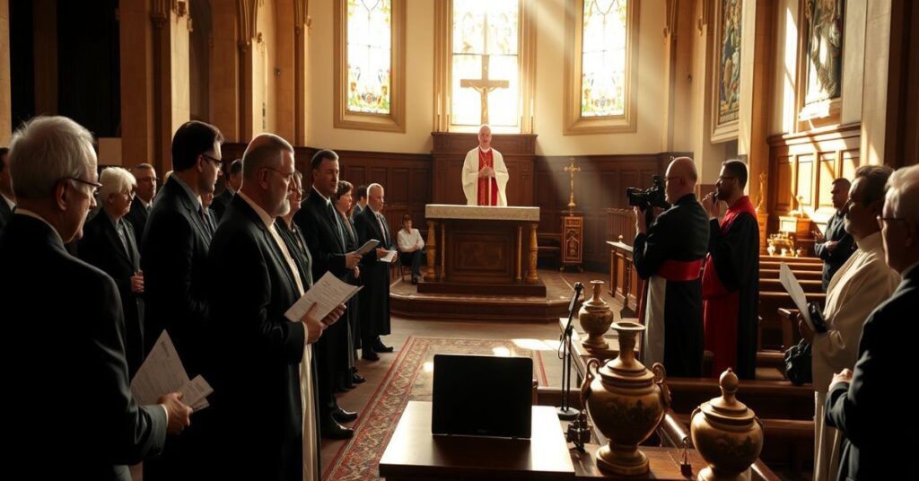 Wnętrze kościoła katolickiego z 'biskupem' Michałem Janochą dyskutującym z urzędnikami rządowymi o ochronie zabytków sakralnych