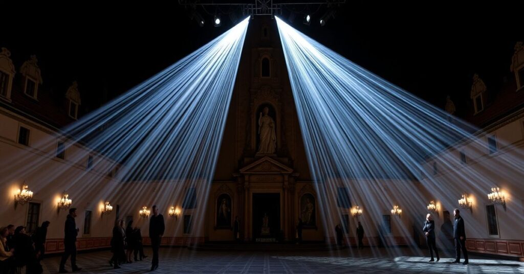 Wnętrze Zamku Królewskiego na Wawelu z elementami współczesnej sztuki antychrześcijańskiej.