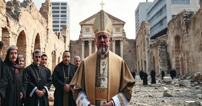Ciemna wizja ruiny dawnej bazyliki w Nicei z tradycyjnie ubranym biskupem katolickim i wiernymi obserwującymi desekrację dziedzictwa soborowego.