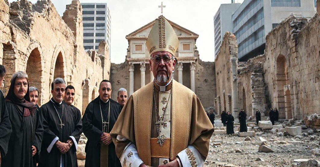 Ciemna wizja ruiny dawnej bazyliki w Nicei z tradycyjnie ubranym biskupem katolickim i wiernymi obserwującymi desekrację dziedzictwa soborowego.