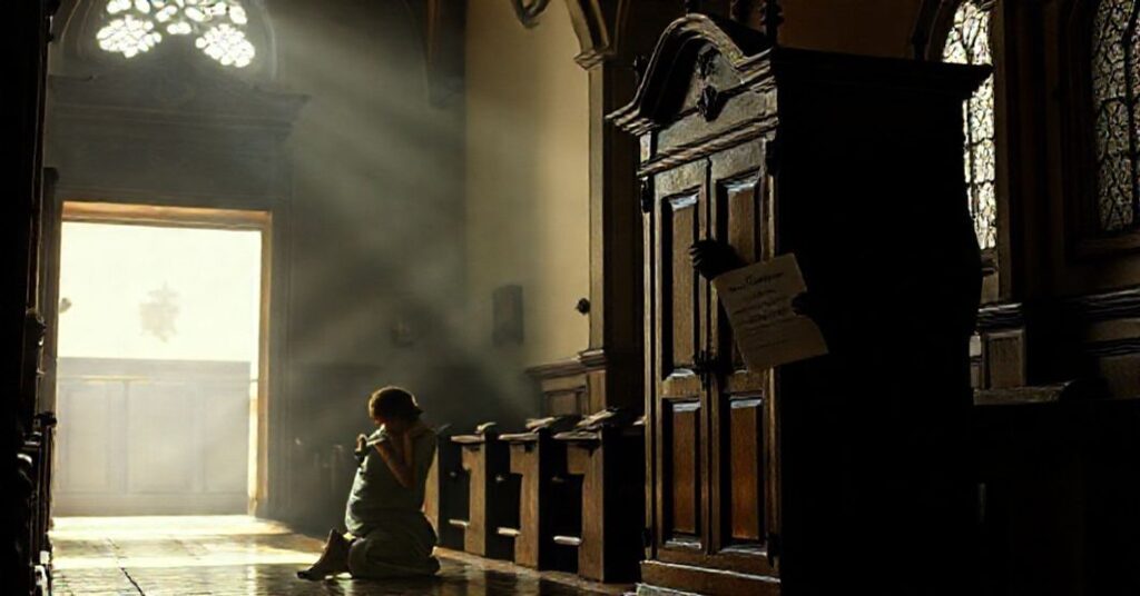 Scena wnętrza kościoła przy tradycyjnym konfesjonałach z modlącym się wiernym i symbolami apostazji modernistycznej