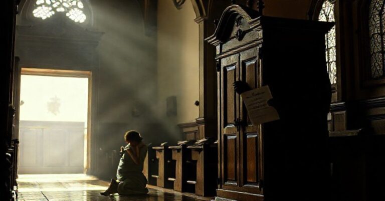 Scena wnętrza kościoła przy tradycyjnym konfesjonałach z modlącym się wiernym i symbolami apostazji modernistycznej