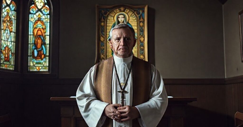 Ksiądz w tradycyjnym habitrze stoi przed ołtarzem z różańcem, z wyraźną troską na twarzy. Na tle wisząca nierówna ikona Matki Boskiej z Fatimy.