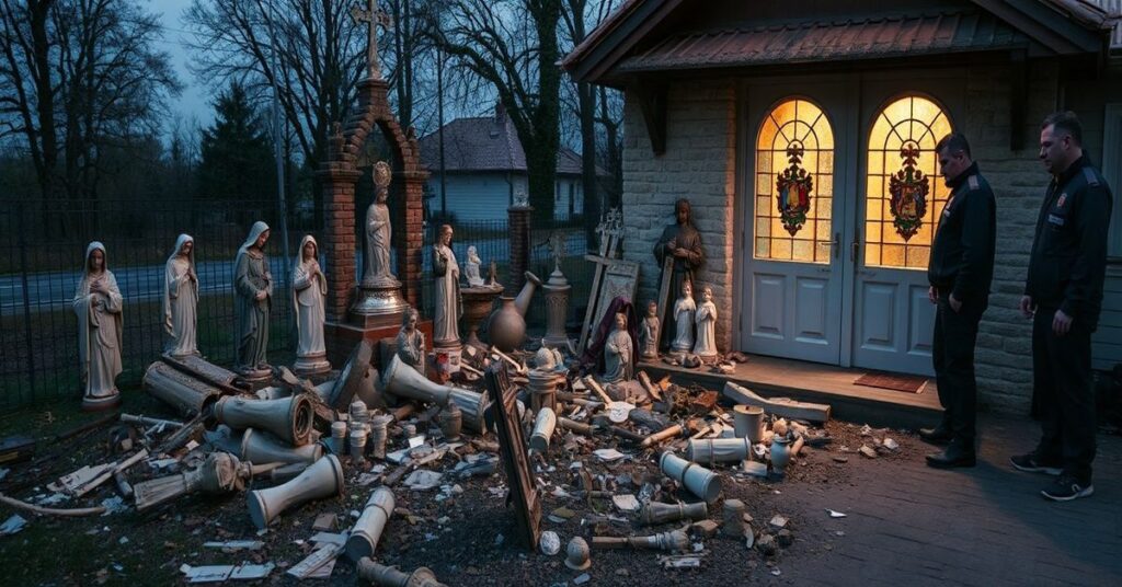 Zniszczona kapliczka w Włoszczowie z rozbitymi rzeźbami i rozrzuconymi przedmiotami religijnymi