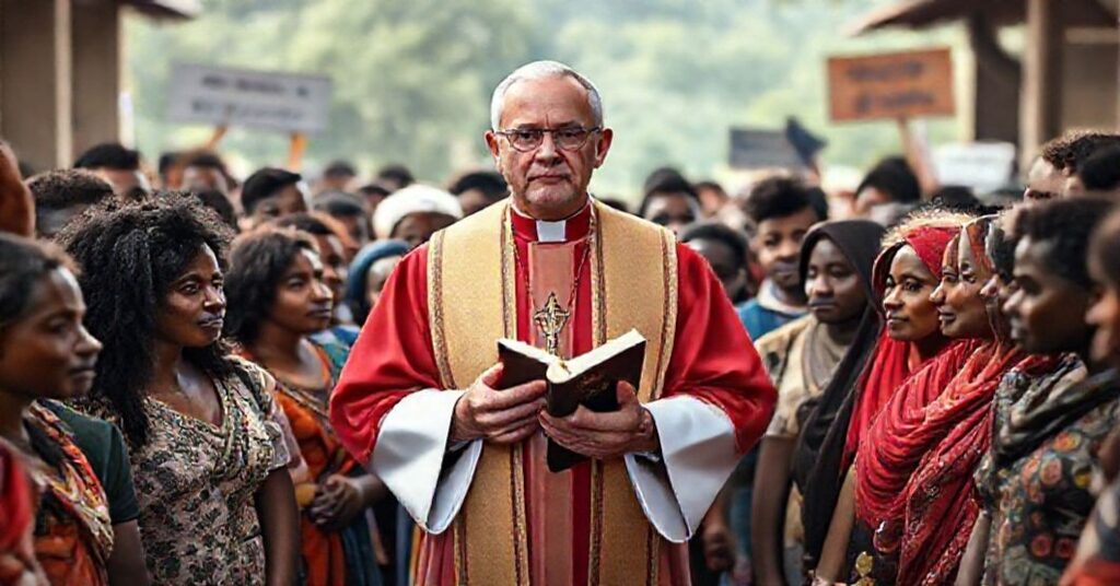Prawdziwy katolicki ksiądz w tradycyjnych ornatach stoi przed grupą osób w kraju terceiroświatowym, trzymając Biblię, otoczony symbolami współczesnych metod misyjnych. Scena jest wypełniona ciepłym światłem, podkreślającą kontrast pomiędzy tradycyjną ewangelizacją a nowoczesnymi tendencjami.
