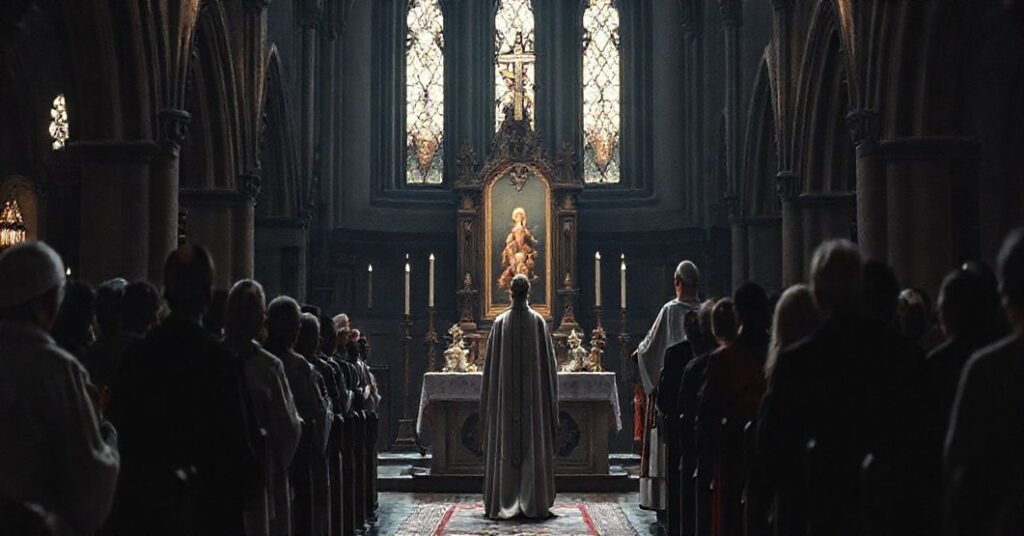 Wnętrza gotyckiej katedry z modernistycznym obrządem beatyfikacyjnym, podkreślającym ludzkie cierpienie zamiast nadprzyrodzonej świętości