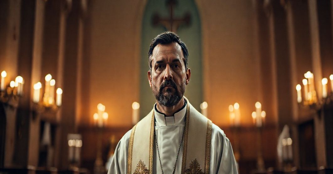 Diakon stały w tradycyjnym stroju kościelnym stoi przed ołtarzem w kościele katolickim