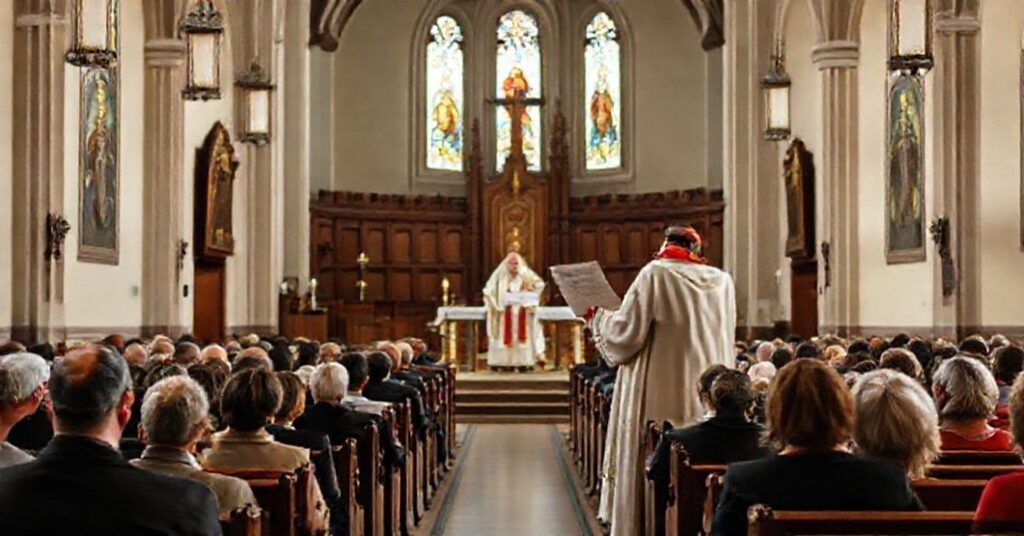 Wnętrze tradycyjnego kościoła katolickiego z biskupem na ambonie i zgromadzeniem wiernych słuchających kazania