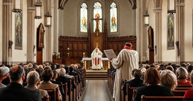 Wnętrze tradycyjnego kościoła katolickiego z biskupem na ambonie i zgromadzeniem wiernych słuchających kazania