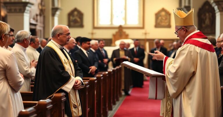 Tradycyjny kościół katolicki z diakonem w pełnym stroju liturgicznym stojącym obok ołtarza podczas administracji sakramentów przez biskupa w tradycyjnej liturgii katolickiej.