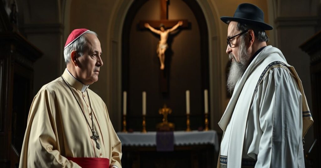 Wnętrze tradycyjnego kościoła katolickiego z księdzem i Żydem w dyskusji przed ołtarzem z Krzyżem.