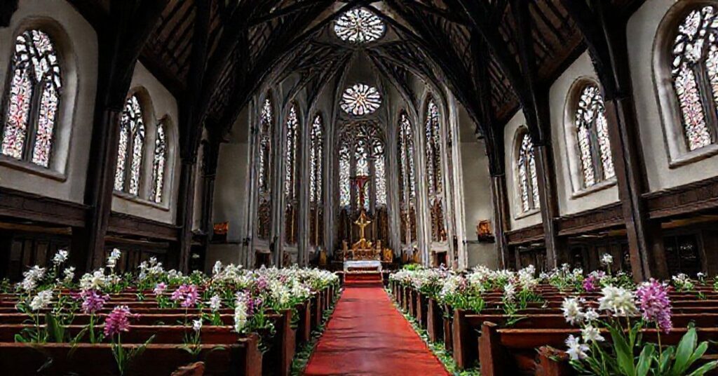 Stara kamienna katedra z wysokimi łukami, w której siedzą w napiętej atmosferze kardynałowie i biskupi prawosławni.