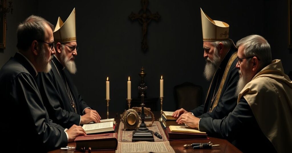 Ciemna sala z tradycyjnymi katolickimi przedmiotami, gdzie przedstawiciele FSSPX i neo-Modernistów z Dykasterii Nauki Wiary prowadzą dialog obfitujący w teologiczne sprzeczności.