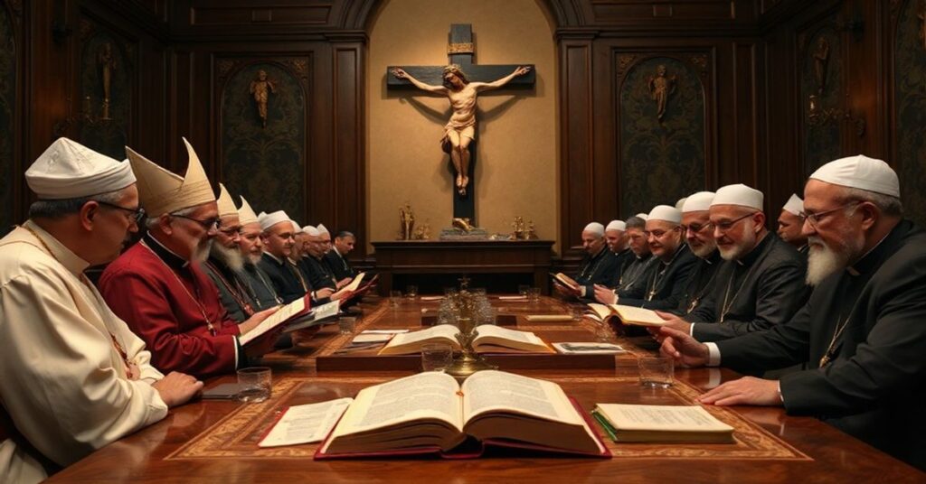 Sala konferencyjna z tradycyjnym ołtarzem i biskupami Skowron-Nalborczykiem i Mucharskim podczas wspólnego czytania Pisma Świętego z muzułmanami