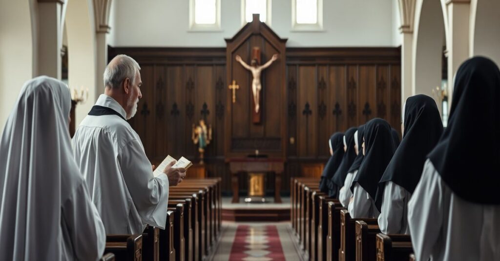 Sobór z brązową amboną w diecezji kaliskiej z bp. Damian Bryl przemawiający do niewielkiej grupy zakonników i sióstr w tradycyjnych habitach. Scena jest wypełniona powściągliwym oświetleniem podkreślającym atmosferę Świętości.