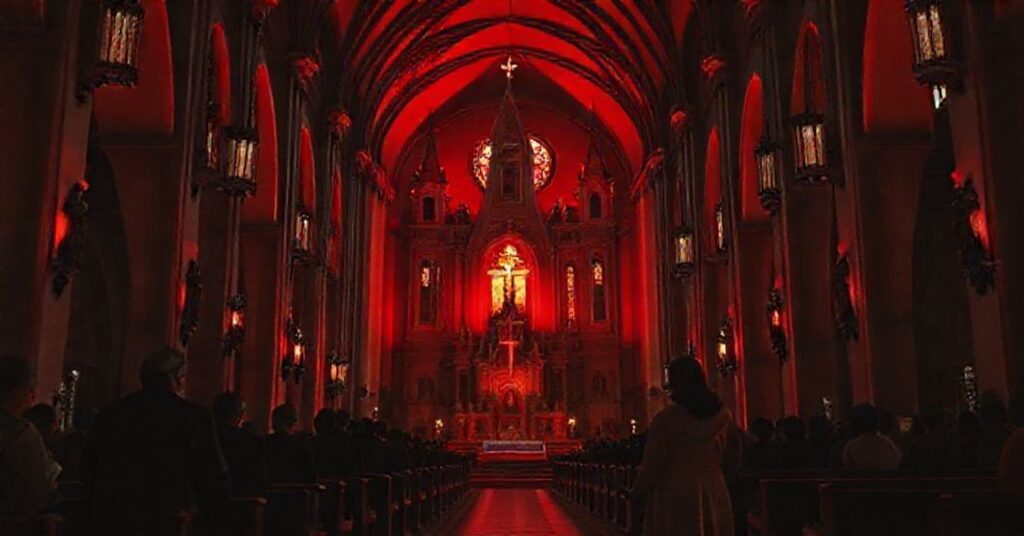 Wnętrze tradycyjnego kościoła katolickiego osolemnej architekturze oświetlone czerwonym światłem symbolizującym kontrowersyjne działania diecezji kaliskiej w kampanii „Dzieciństwo bez przemocy”
