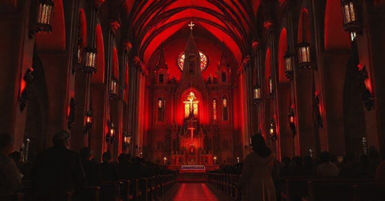 Wnętrze tradycyjnego kościoła katolickiego osolemnej architekturze oświetlone czerwonym światłem symbolizującym kontrowersyjne działania diecezji kaliskiej w kampanii „Dzieciństwo bez przemocy”