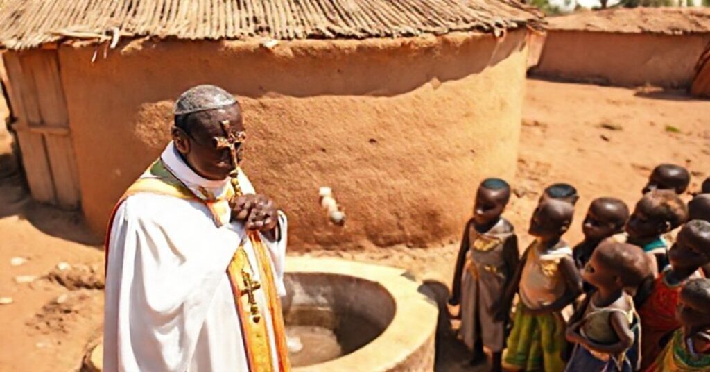 Ksiądz w tradycyjnym habitach stoi obok nowo wykopanej studni w afrykańskiej wsi Timbéri. Wokół niego stoi grupa dzieci patrzących z respektem. Na tle widoczny jest krzyż symbolizujący prawdziwe misje Kościoła.