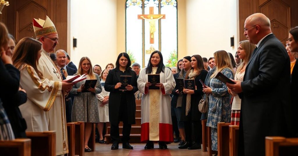Ceremonia nagradzania wolontariuszy w diecezji zielonogórsko-gorzowskiej z udziałem biskupa Adriana Puta i księdza Stanisława Podfigórnego, ukazująca współczesną deformację katolickiej miłości bliźniego.
