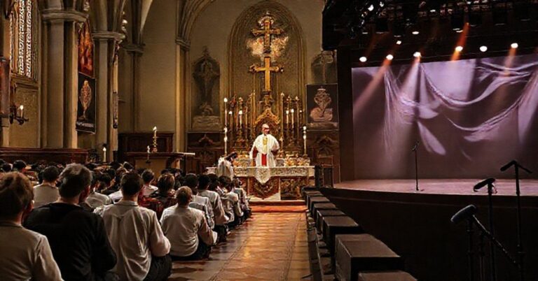 Tradycyjna Msza św. celebrowana przez tradycyjnego księdza w kościele z młodymi katolikami modlącymi się na kolanach