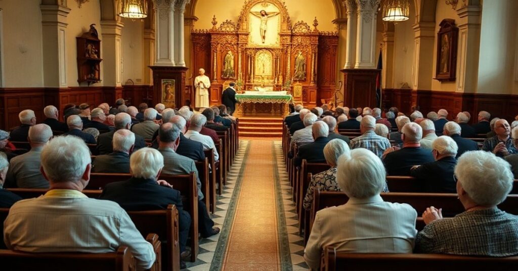 Tradycyjna parafia św. Wojciecha w Kielcach podczas wydarzenia dla seniorów, pokazująca konflikt między prawdziwym kultem katolickim a naturalistycznym podejściem nowożytnym.