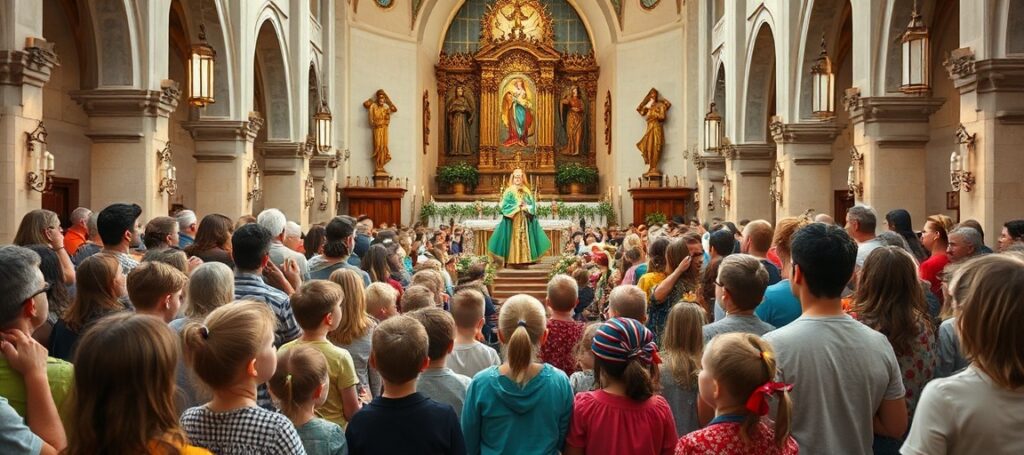 Scena w sanktuarium Matki Bożej Rokitniańskiej podczas Diecezjalnego Dnia Dziecka organizowanego przez Caritas.