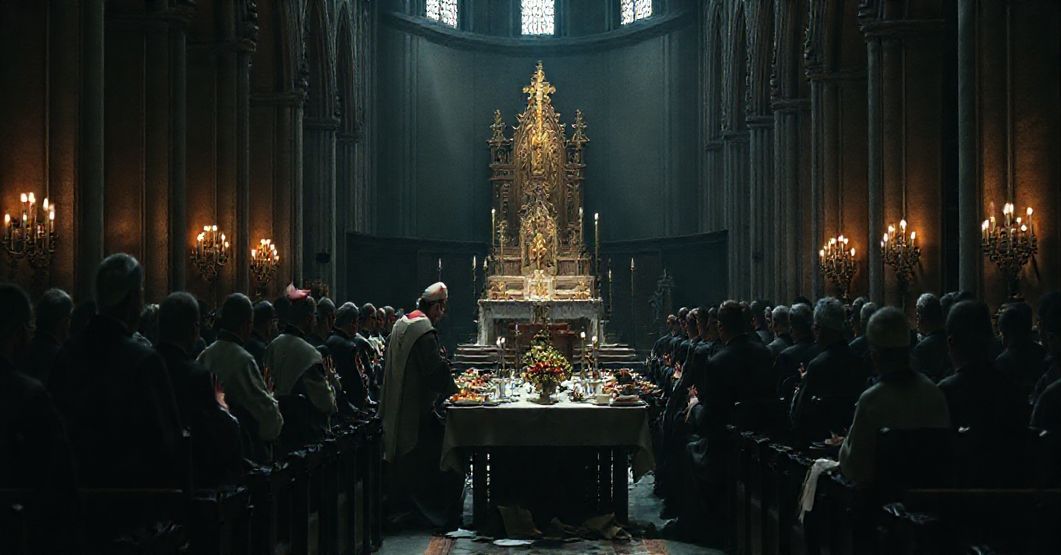 Uroczystość diecezjalna samorządowców w katedrze, gdzie świeccy urzędnicy biorą udział w profanowanej pseudo-liturgii przy stole z bankietem, podczas gdy pusty tabernakulum stoi w tle.