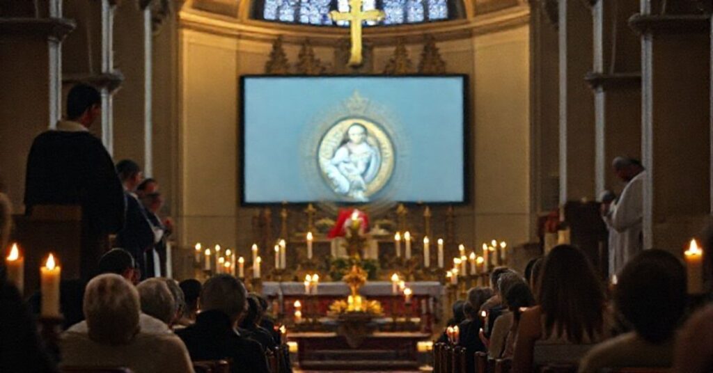 Solemne katolickie scena przedstawiająca tradycyjny ołtarz z Najświętszym Sercem Jezusa w centrum otoczony czytelniczymi świecami. Na tle rozmyte i zlewne wyświetlanie strony Wikipedii o "Leonie XIV" (Robert Prevost) z 22 milionami odsłon na nowoczesnym urządzeniu cyfrowym. Grupa nowoczesnych duchownych w współczesnych ornatach patrzy na urządzenie z podziwem, podczas gdy tradycyjni wierni modlą się klęcząc, twarze oświetlone światłem świec.