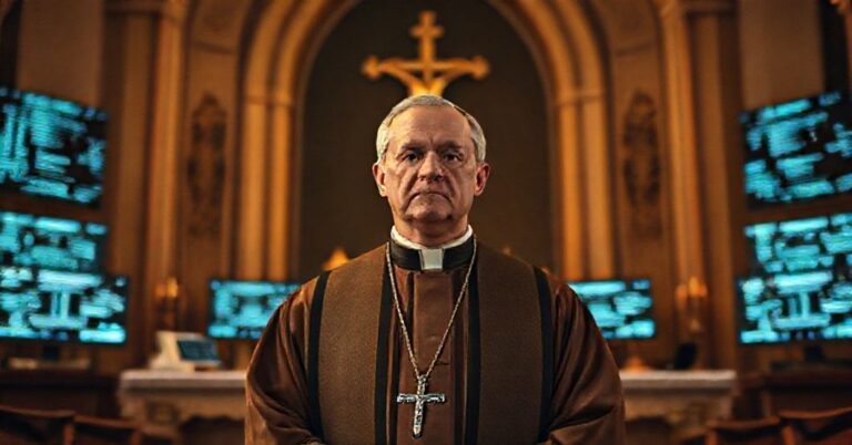 Katolicki ksiądz w tradycyjnych habitach przed tłem cyfrowych technologii, symbolizujący konflikt wiary z sekularyzacją.