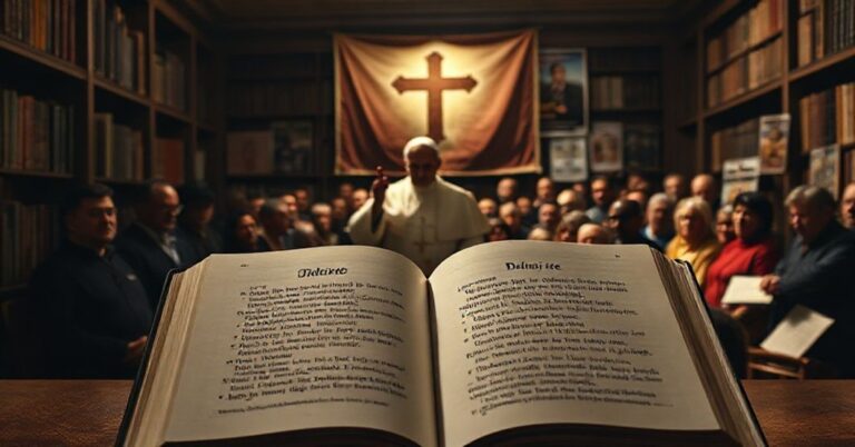 Tradycyjna katolicka biblioteka z otwartą Biblią i psałterzem 118:47. W tle figura współczesnego modernistycznego "papieża" podpisująca dokument "Dilexi te" w obecności sekularyzowanych hierarchów.