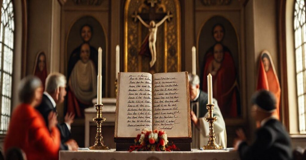 Tradycyjny ołtarz katolicki z krzyżem i wizerunkami Maryi, na tle politycznych przywódców negocjujących bez uwzględnienia Chrystusa jako Króla.