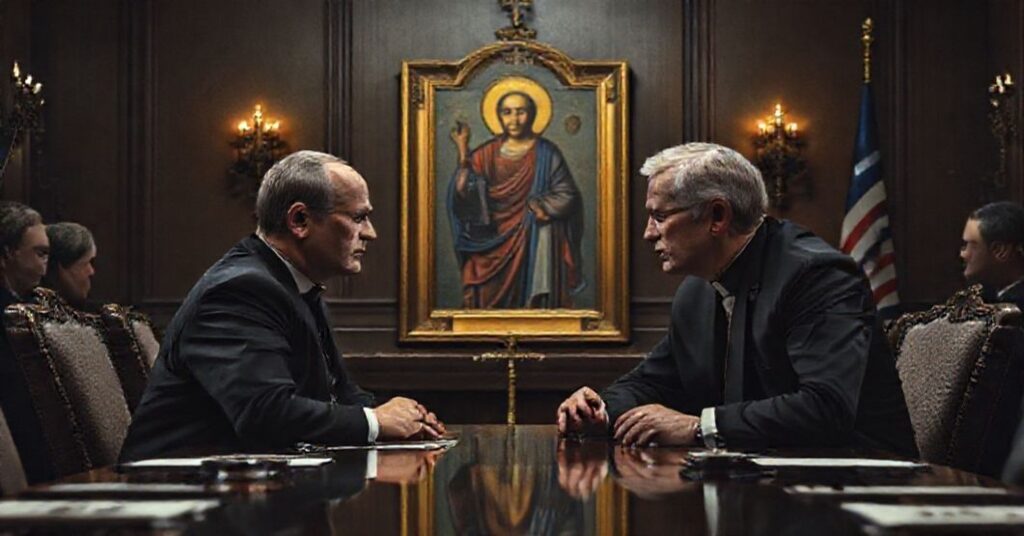 Scena dyplomatyczna przedstawiająca porozumienia między Rosją a USA w sprawie wojny na Ukrainie z Jurijem Uszakowem i George'em Barrosem jako głównymi postaciami.