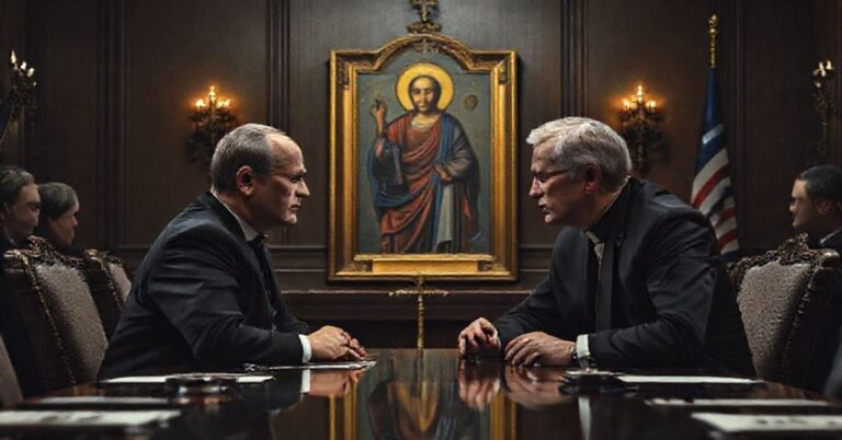 Scena dyplomatyczna przedstawiająca porozumienia między Rosją a USA w sprawie wojny na Ukrainie z Jurijem Uszakowem i George'em Barrosem jako głównymi postaciami.