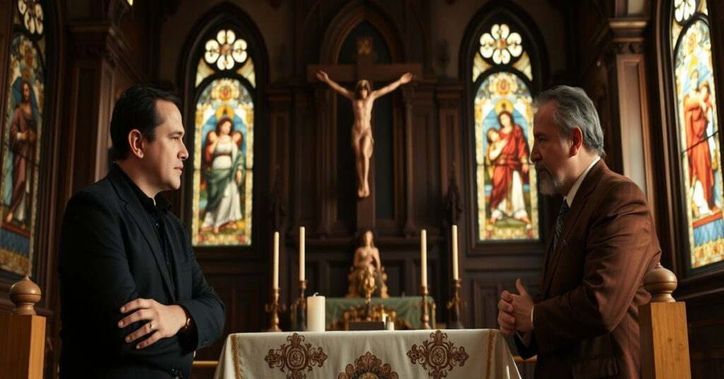 Portret tradycyjnego ołtarza katolickiego z krucyfiksem i dwoma ludźmi w głębokiej dyskusji o prawie boskim i porządku stworzenia.