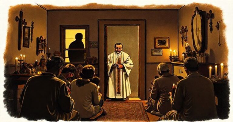 Tradycyjny katolicki wnętrze z rodzina modlącą się przy świetle świec w domu. 'Biskup' Michael Burbidge w nowoczesnym stroju duchownego stoi w drzwiach z przestraszonym wyrazem twarzy.