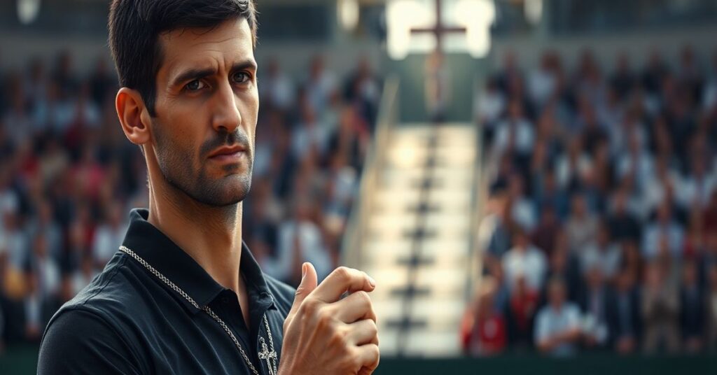 Novak Djokovic na korcie tenisowym z krzyżykiem na szyi, symbolizujący fałszywy opór w świecie bez Króla Chrystusa.