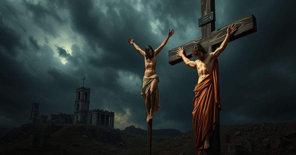 Obrzezany dobry łotr na krzyżu obok Chrystusa w tradycyjnym katolickim scenariuszu