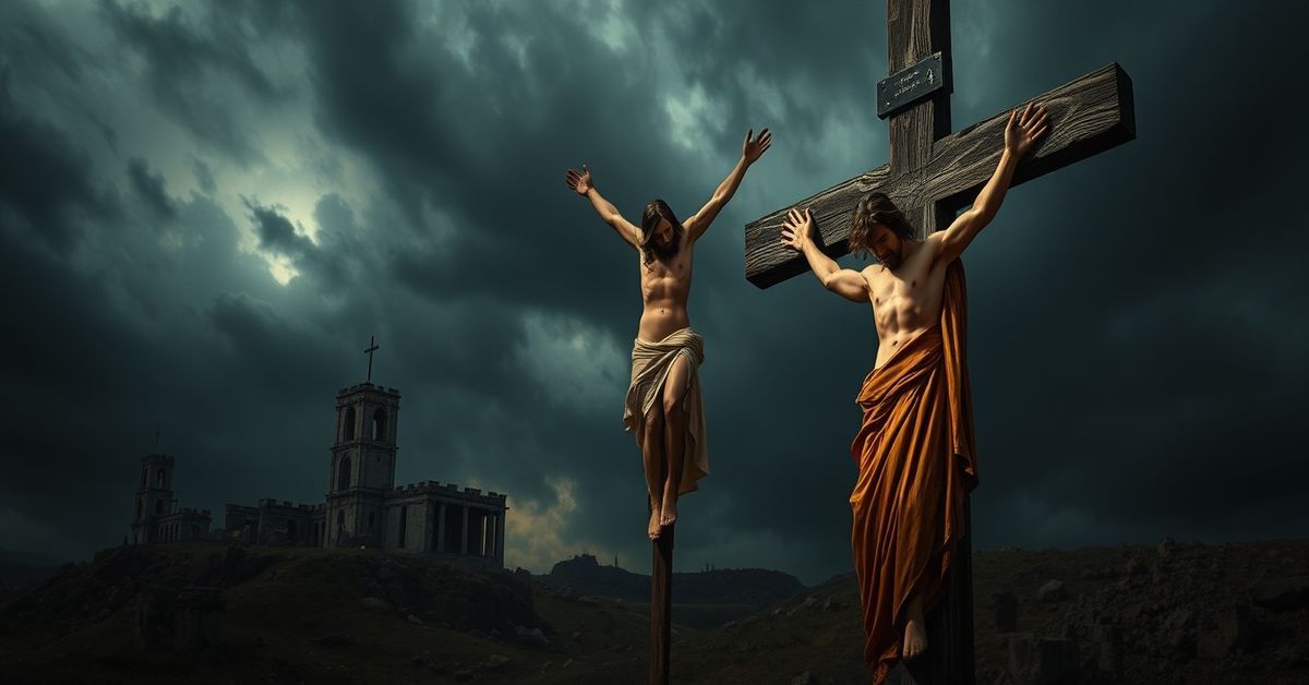 Dobry Łotr i Chrystus – Królestwo Duchowe Obrzezany dobry łotr na krzyżu obok Chrystusa w tradycyjnym katolickim scenariuszu