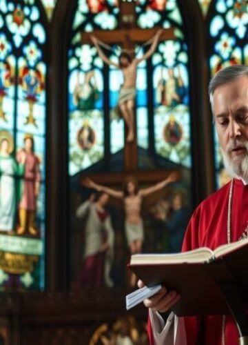 Kazanie o Dobrym Łotrze - tradycyjna katolicka perspektywa Tradycyjny katolicki ksiądz wygłaszający kazanie o Dobrym Łotrze w historycznym kościele