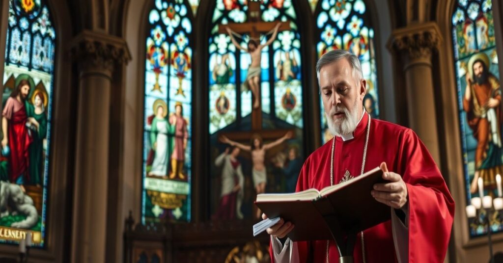 Tradycyjny katolicki ksiądz wygłaszający kazanie o Dobrym Łotrze w historycznym kościele
