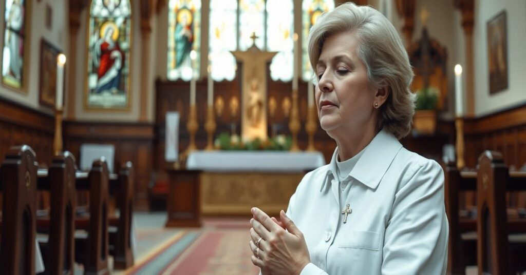 Portret doktorki Genowefy Abłażej w modlitwie przed ołtarzem w parafii św. Michała Archanioła w Świebodzinie latem 70.