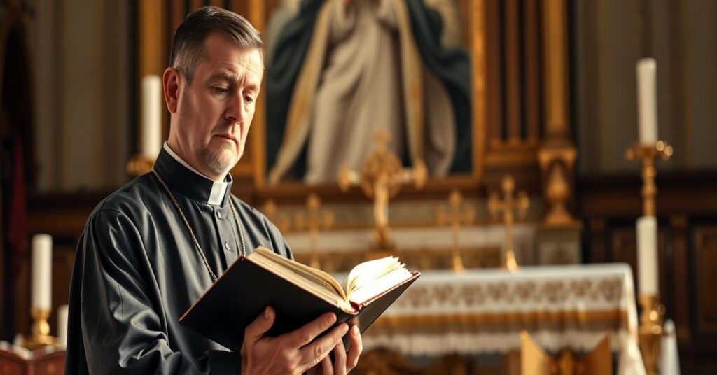 Prawy katolicki ksiądz w tradycyjnym sutannie stoi przed ozdobnym ołtarzem, trzymając zamkniętą książkę doktryny z troskliwym wyrazem twarzy.