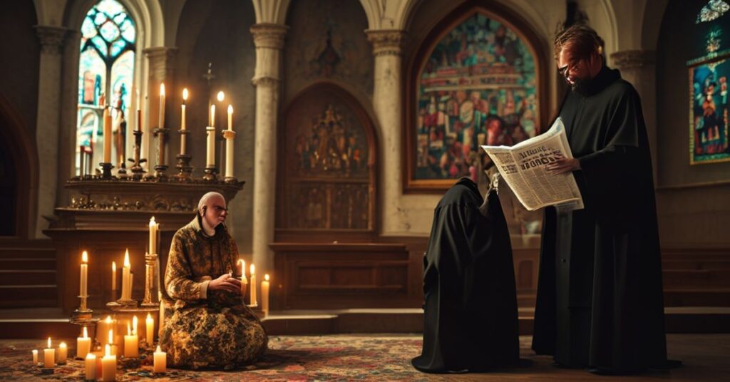 Wnętrze tradycyjnego kościoła z rodzina modlącą się przed ołtarzem i modernistycznym kapłanem trzymającym gazetę propagującą transseksualizm wśród nieletnich