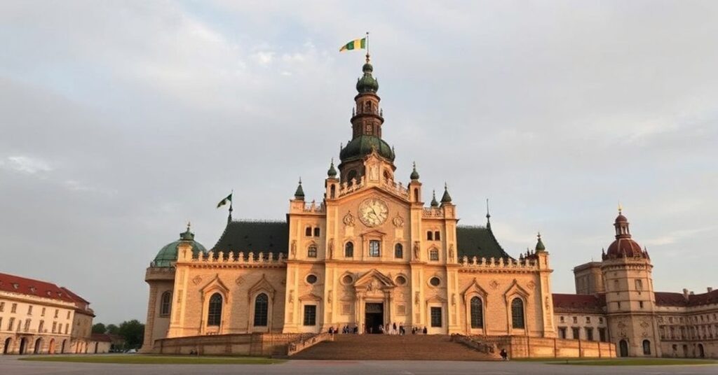 Dom Bertrand de Orleans e Bragança przed katedrą w tradycyjnym stroju monarchicznym