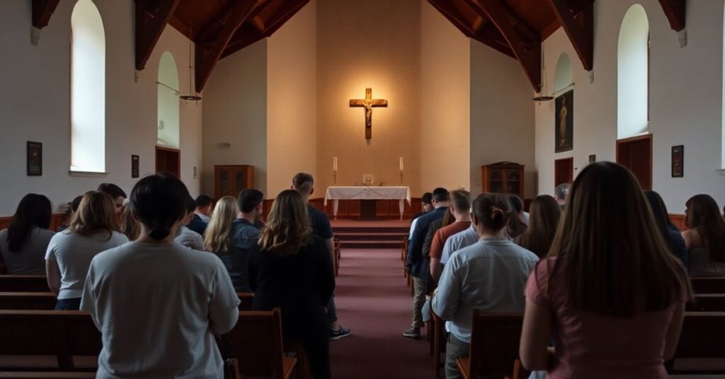 Wnętrze Domu Misji i Modlitwy św. Heleny Guerry w Northampton - modernistyczna kaplica z pustymi tabernakulum i grupą młodych ludzi w swobodnej modlitwie.