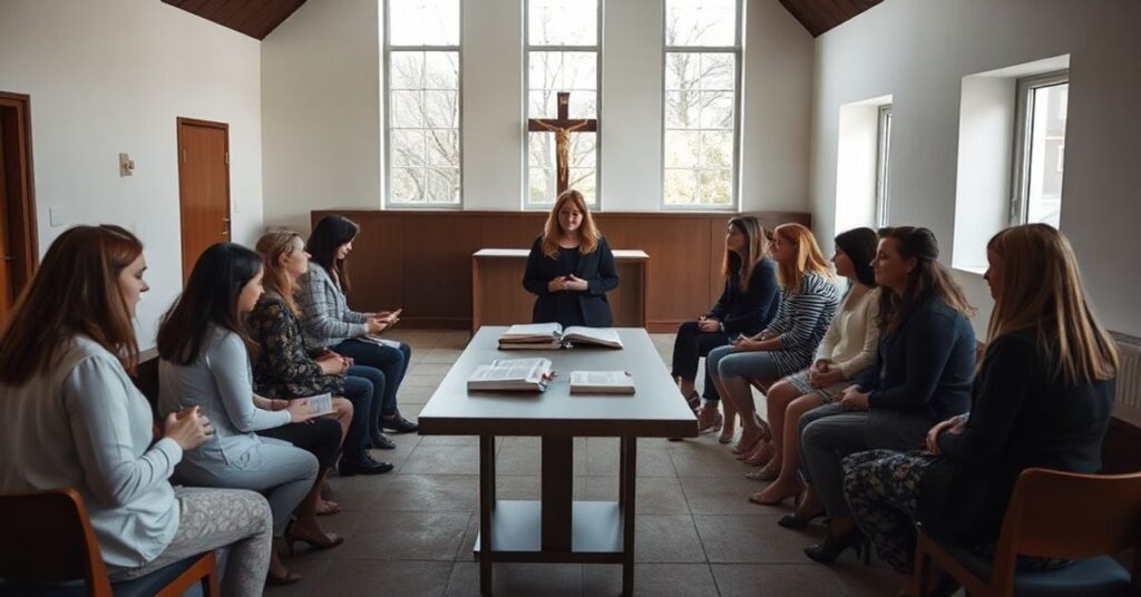 Modernistyczny wnętrze fałszywego 'Domu Modlitwy' w Northampton z brakującymi tradycyjnymi elementami katolickimi.